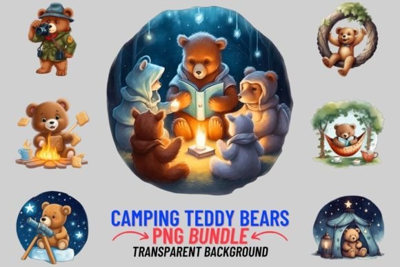 Camping Teddy Bears: A Watercolor PNG Set for Creative Projects