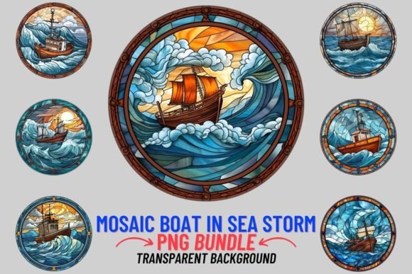 Stained Glass Boat in Sea Storm: 12 PNG Clipart for Design