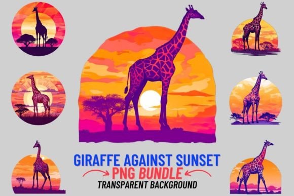 Stunning Giraffe Sunset PNG Clipart: 8 High-Quality Digital Assets