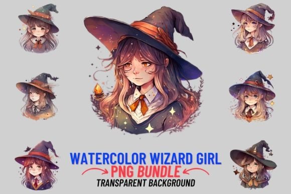 Unleashing Magic: The Watercolor Wizard Girl 8 PNG Clipart Collection